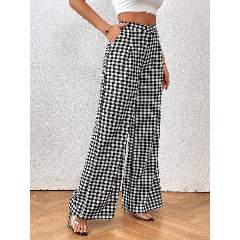 Gingham plaid Print Wide Leg high waist  Pants black white - Picture 3 of 7